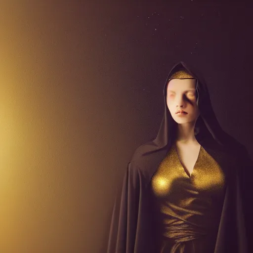 Image similar to a portrait of a young woman wearing a long dark cloak, hood and shadows covering face, holding golden chains, oil painting, matte painting, black background, Volumetric Golden dappled dynamic lighting, Highly Detailed, Cinematic Lighting, Unreal Engine, 8k, HD, by Beksinski