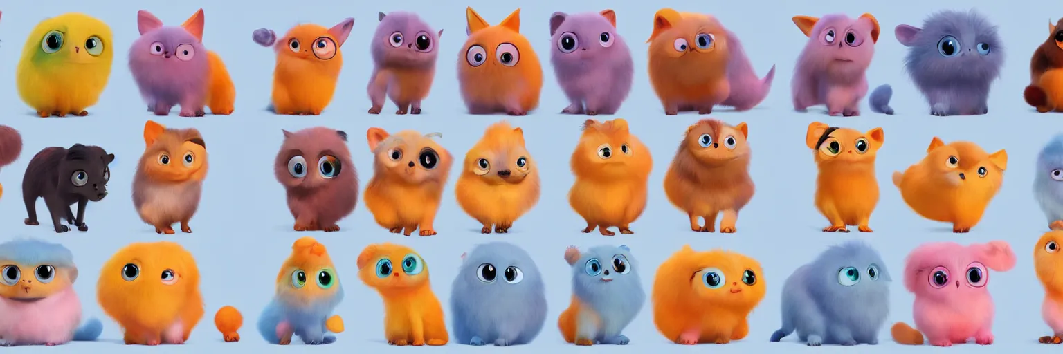 Prompt: concept sheet of cute colorful 3 d family fluffy animal characters for kids style by pixar, big eyes, simple smooth shapes and forms, reflective like candy, masterpiece, intricate concept art, 8 k, artstation