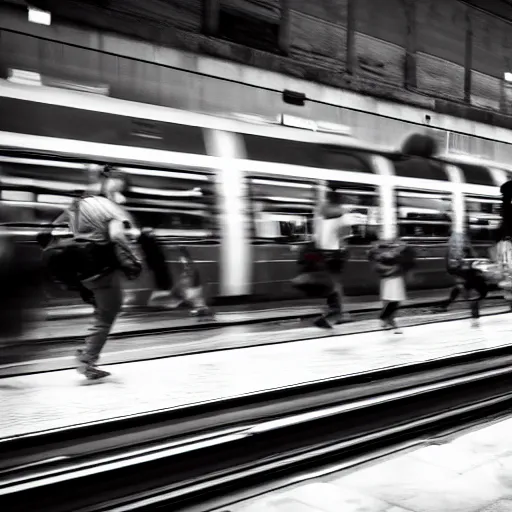 Image similar to of an octopus invading a train station, people are running away scared, shutter speed is 8 0,