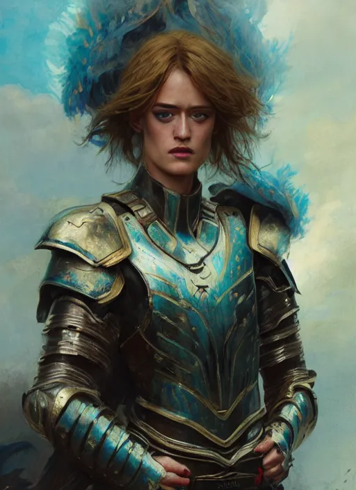 Image similar to mackenzie davis blue eyed, femenine woman, wearing armour, detailed by gaston bussiere, bayard wu, greg rutkowski, maxim verehin, greg rutkowski, masterpiece, sharp focus, cinematic lightning