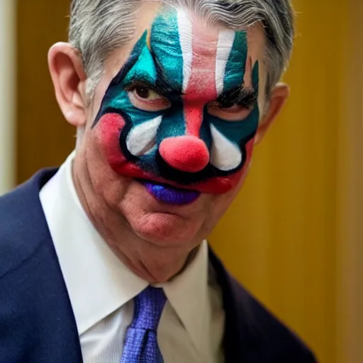 Image similar to Jerome Powell with colorful clown makeup all over his face whiteface
