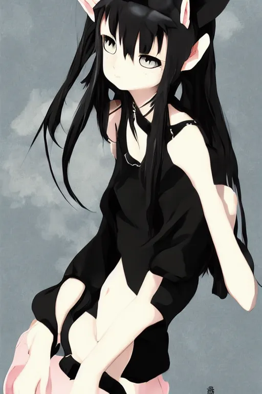 Prompt: anime girl with cat ears wearing a black dress, anime style, gorgeous face, by makoto shinkai, by wenjun lin, digital drawing, video game art