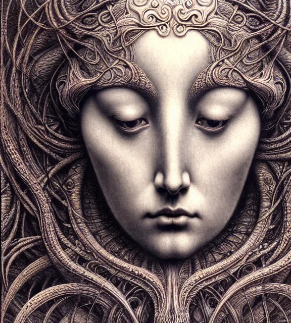 Image similar to detailed realistic beautiful moon goddess face portrait by jean delville, gustave dore, iris van herpen and marco mazzoni, art forms of nature by ernst haeckel, art nouveau, symbolist, visionary, gothic, neo - gothic, pre - raphaelite, fractal lace, intricate alien botanicals, ai biodiversity, surreality, hyperdetailed ultrasharp octane render