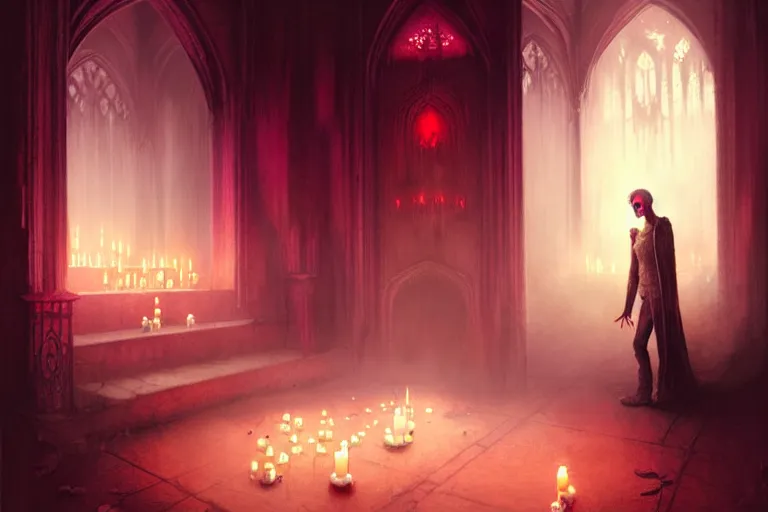 Image similar to Character concept art of Pretty guy male necromancer bringing dead to alive, casting dark magic spell. Gothic Castle room, lots of candles, barely lit warm violet red light, surrounded by ghosts coming through the floor By greg rutkowski, tom bagshaw, beksinski