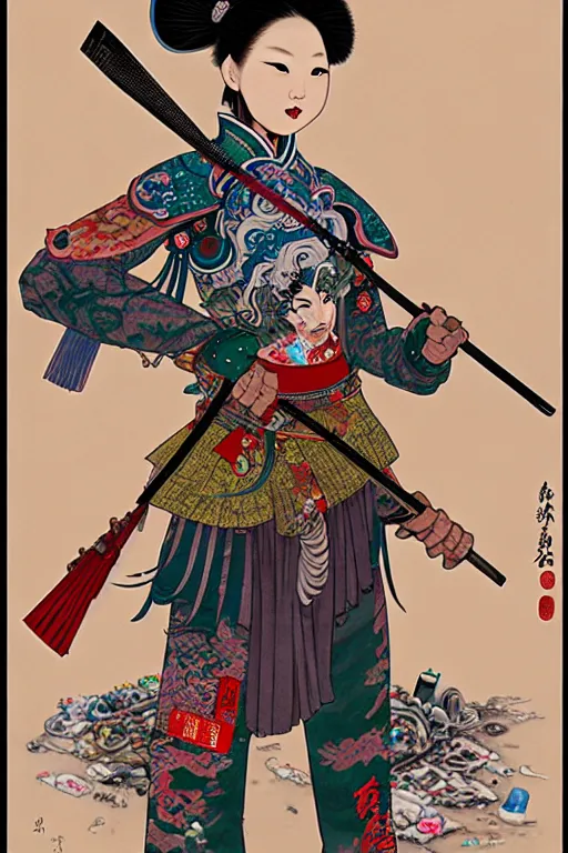 Prompt: full view, from a distance, of anthropomorphic trashcan as a girl warrior from the qing dynasty, full of trash, style of yoshii chie and hikari shimoda and martine johanna, highly detailed