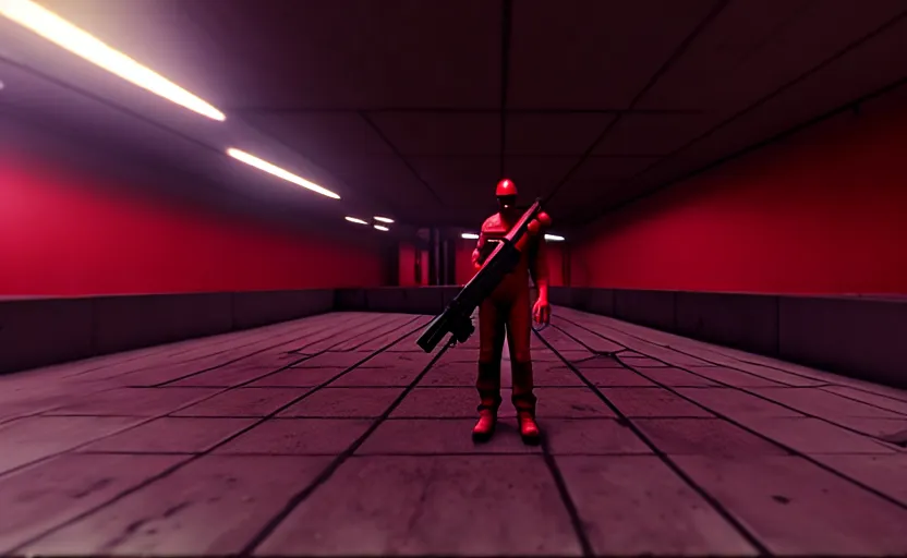 Prompt: in-game screenshot of a dark red hazmat scientist holding a gun walking on unreal engine 5, in a liminal underground garden, retrofuturism, brutalism, staggered terraces, minimalist