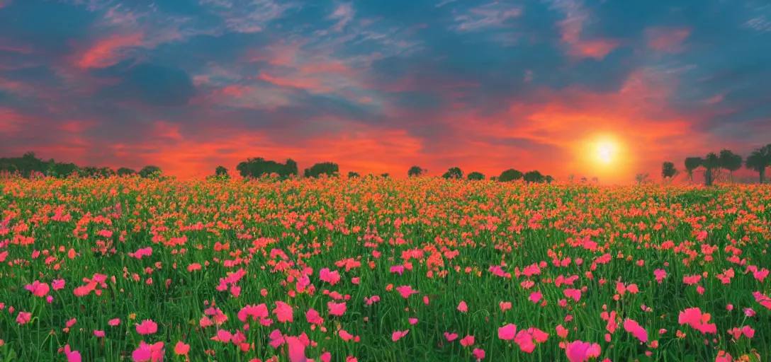 Image similar to an impossible field of beautiful neon colored flowers with a beautiful sunset, vaporwave