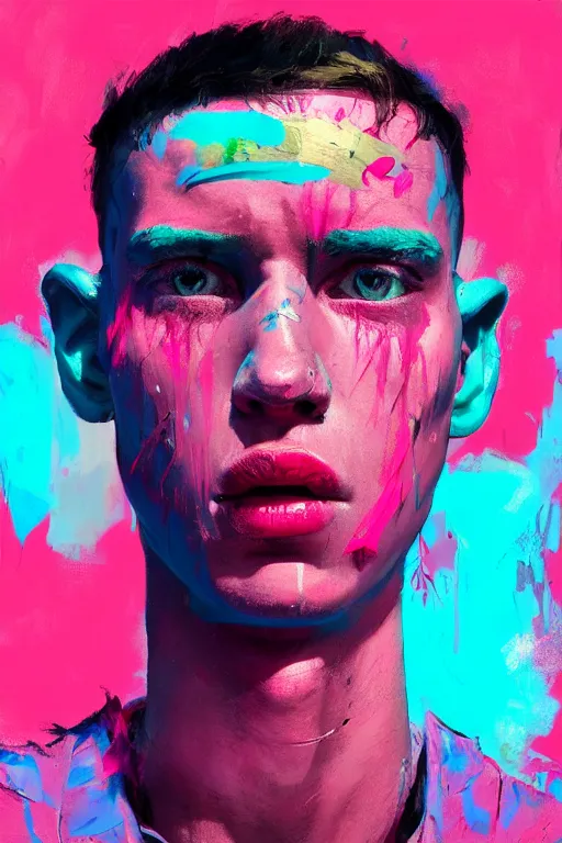 Image similar to portrait of a young soldier boy nor living in a death postapoliptic world, painted in acrylic, in the colors hot pink and cyan, beautiful face, rule of thirds, complex outfit, spotlight, by greg rutkowski, by jeremy mann, by francoise nielly, by van gogh, digital painting