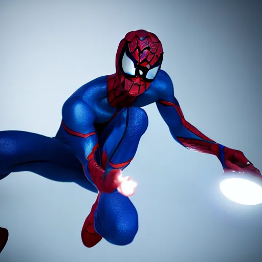 Image similar to still photo of blue spider - man, highly detailed, photorealistic portrait, bright studio setting, studio lighting, crisp quality and light reflections, unreal engine 5 quality render