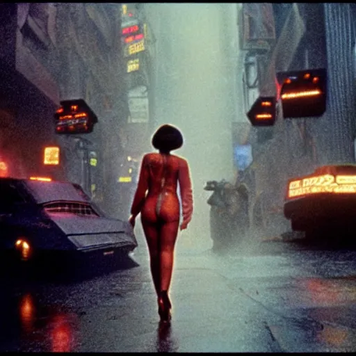 Image similar to 1 9 8 2 film stills of blade runner, with rachel with beyonce, and doja cat, having a night on the town. rainy and smoky with futuristic vehicles overhead and people carrying neon umbrellas.