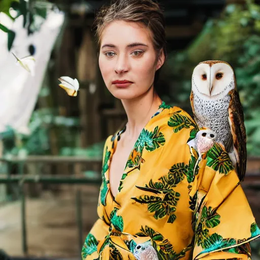 Prompt: head to shoulder portrait film photograph of an elegant top model wearing a yellow kimono with a very detailed barn owl on her shoulder!!! in a tropical greenhouse. looking at the camera!!. super resolution. 85 mm f1.8 lens.bokeh. graflex. by Alessio albi !