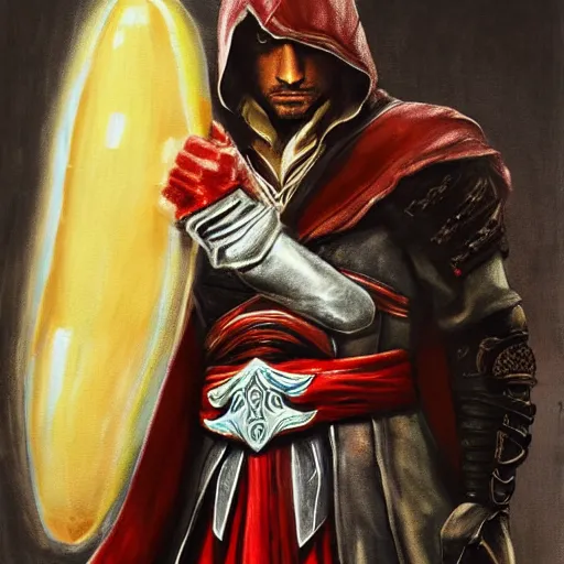 Prompt: painting of ezio auditore holding a golden apple