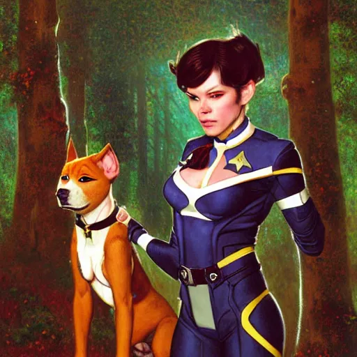 Image similar to a female pitbull dogwoman in starfleet uniform at night in a dark forest. zootopia fursona furaffinity furry art detailed face painting by gaston bussiere craig mullins jc leyendecker gustav klimt artgerm greg rutkowski furry