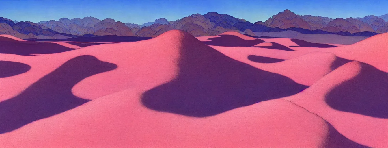 Image similar to a gorgeous desert painting of death valley, separated by streams of shimmering blue sand by barlowe wayne maxfield parrish and marco mazzoni. tree no leaf!!!! china mountain village!! blue and very little light verdancy. the protruding pink clumps of rock. ultra clear detailed. 3 d, octane render. turbulent blood lake.