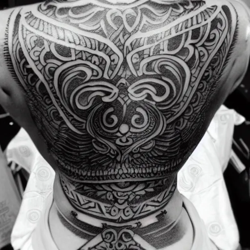 Image similar to a tattoo written in text sanskrit on back of beautiful muscular women by famous tattoo artist black and white 8 k