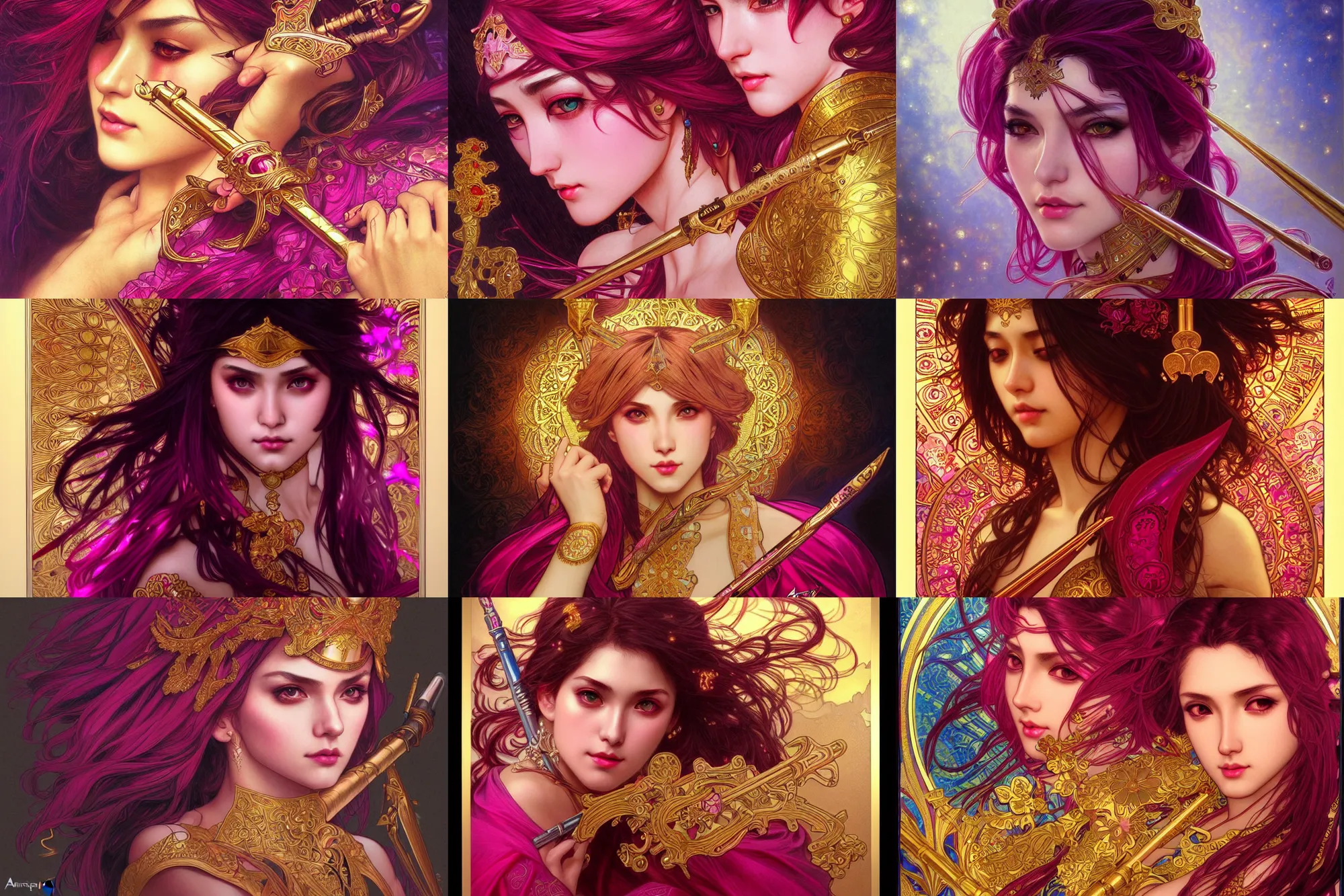 Prompt: goldn shamshir, night, magenta, 4 k, ultra realistic, beautiful eyes, epic lighting, machines, high detail, masterpiece, trending on artstation by artgerm and akihito tsukushi and alphonse mucha, crayons