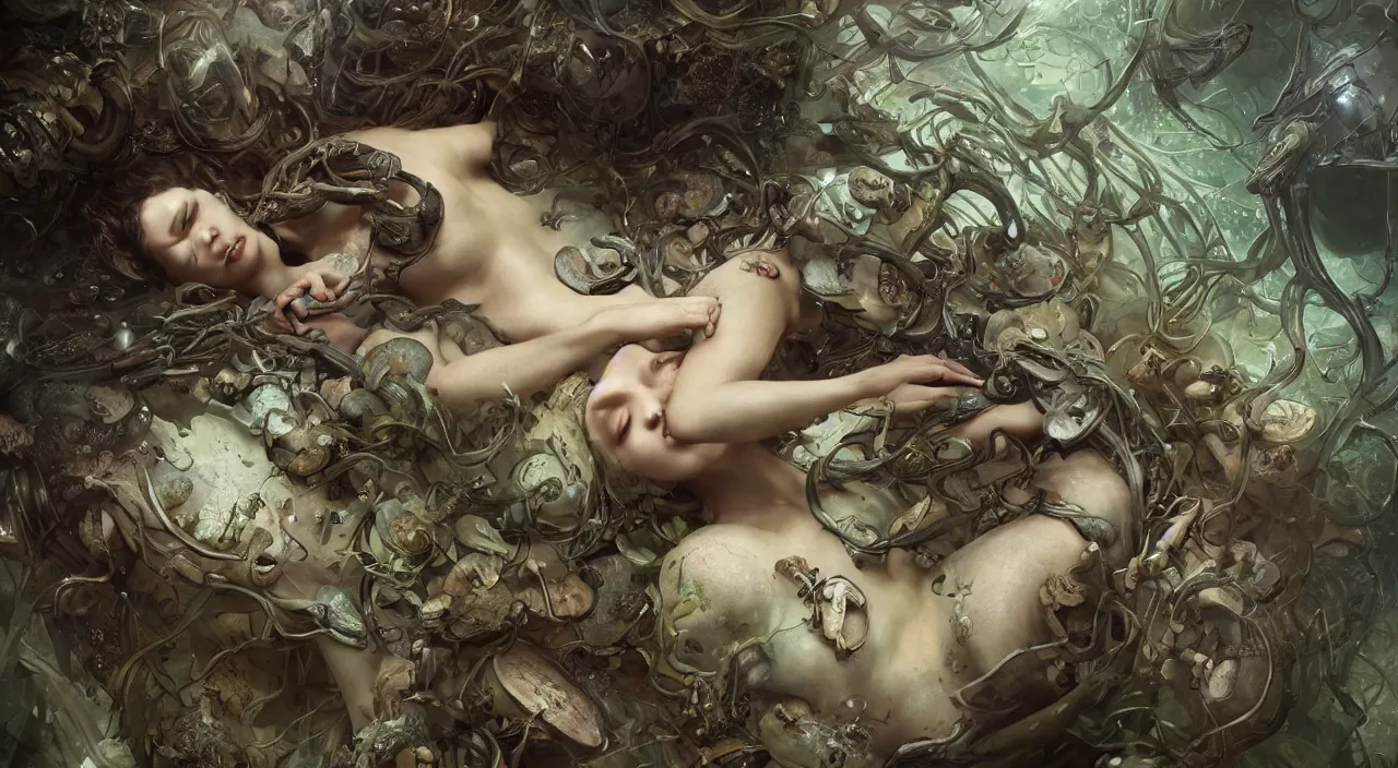 Prompt: a bio - mechanical pretty sleeping giant woman with mushrooms as camouflage highly detailed, cinematic, perfect face, cyberpunk, fine details, studio lighting, subtle shadows, art by stephen bliss, unreal engine, fantasy art by greg rutkowski, tom bagshaw, alphonse mucha, detailed and intricate environment, photo - realism, hyper realism, octane render