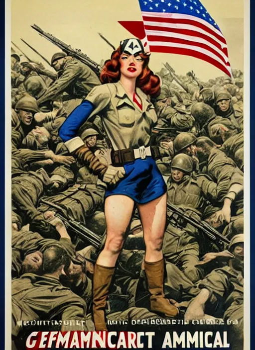 Image similar to beautiful female captain america standing on a pile of defeated german soldiers. feminist captain america wins wwii. american wwii propaganda poster by james gurney