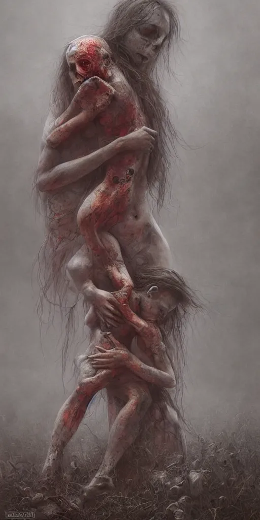 Image similar to death child and women hugging, in the style of keith thompson and zdzislaw beksinski, artstation hd, 8 k, surrealistic digital artwork, post apocalyptic street, new york, psychedelic