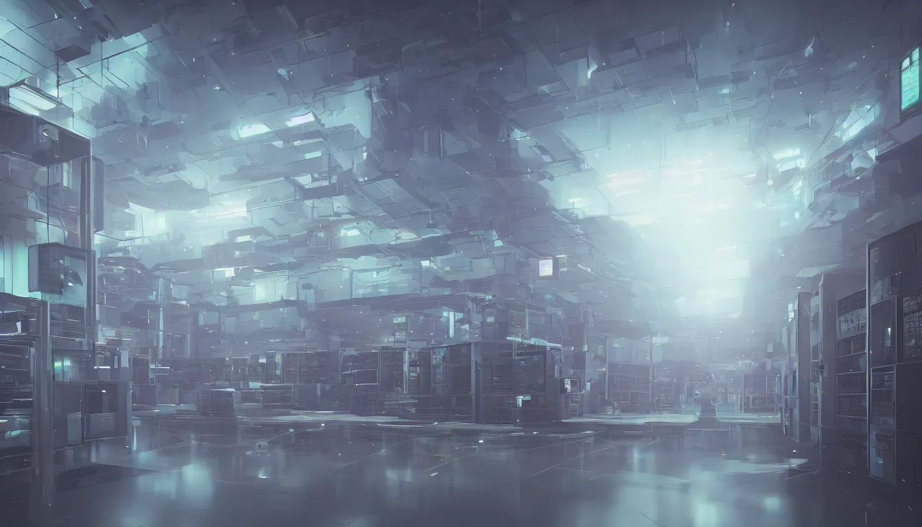 Image similar to An insanely large server room, rendered by Beeple, Makoto Shinkai, syd meade, simon stålenhag, environment concept, digital art, unreal engine, WLOP, trending on artstation, low level, 4K UHD image, octane render,