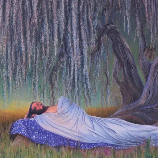 Prompt: stunning oil on canvas painting of a beautiful woman sleeping under a weeping willow near a river, 4K, highly detailed