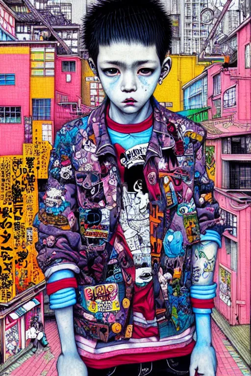 Prompt: a punk boy, in a street, by hikari shimoda, rich deep colors. masterpiece. intricate artwork, very coherent symmetrical artwork, cinematic, hyper realism, high detail, vibrant colors, smooth gradients, high contrast, full body character drawing, clean ink detailed line drawing typography, intricate detail, extremely detailed.