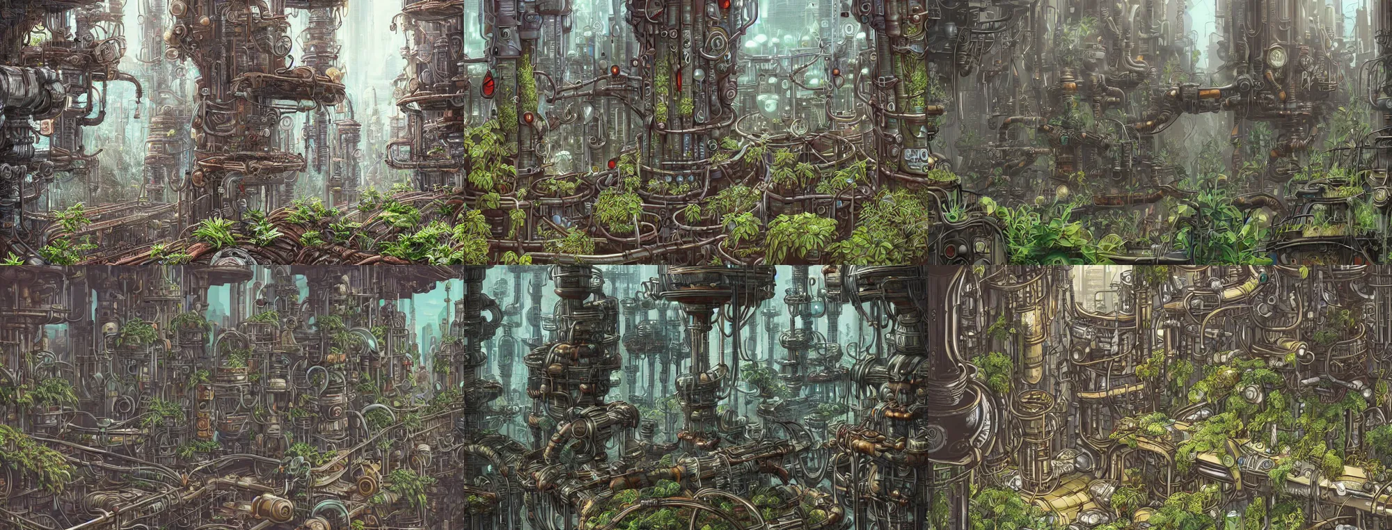 Prompt: plants growing out of old rusty pipes in a futuristic city, detailed steampunk illustration