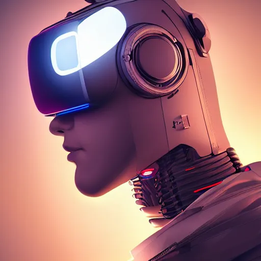 Image similar to cyber robot wearing vr headset, 3 d illutration, profile face portrait, night, detailed, cyberpunk style, character, detailed,