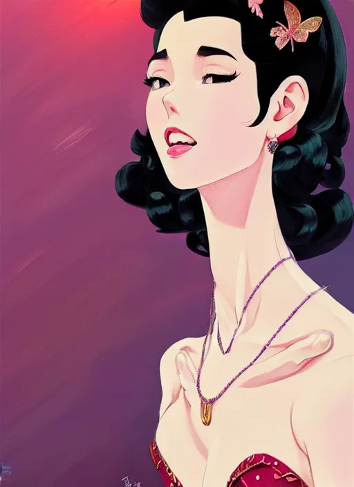 Image similar to a beautiful girl with black hair in 1950's fashion, ballroom background, intricate, highly detailed, digital painting, artstation, official media, anime key visual, concept art, rich vivid colors, ambient lighting, sharp focus, illustration, art by Artgerm, Makoto Shinkai, Ilya Kuvshinov, Lois Van Baarle, and Rossdraws