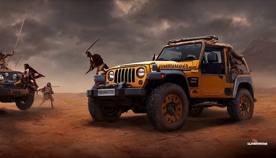 Image similar to Mahindra thar, tribe members attacking, action scene, an epic fantasy, dramatic lighting, cinematic, establishing shot, extremely high detail, photorealistic, cinematic lighting, artstation, by christopher nolan, horizon forbidden west