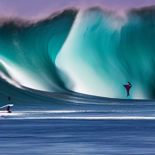 Image similar to Photograph of a zen monk surfing a giant wave on a summer day, natural light, telephoto lens, 4k image, Canon EOS