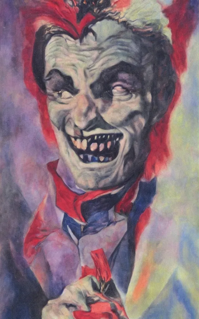 Prompt: portrait of conrad veidt the man who laughs wide grin, award winning oil ( surreal ) painting, sharp color palette