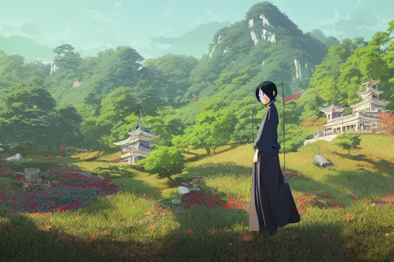 Prompt: in the green fields and mountains, a shao lin temple, | fine detail anime, cel shaded by ilya kuvshinov, katsuhiro otomo, magali, artgerm, jeremy lipkin and yoshiaki kawajiri, central composition,