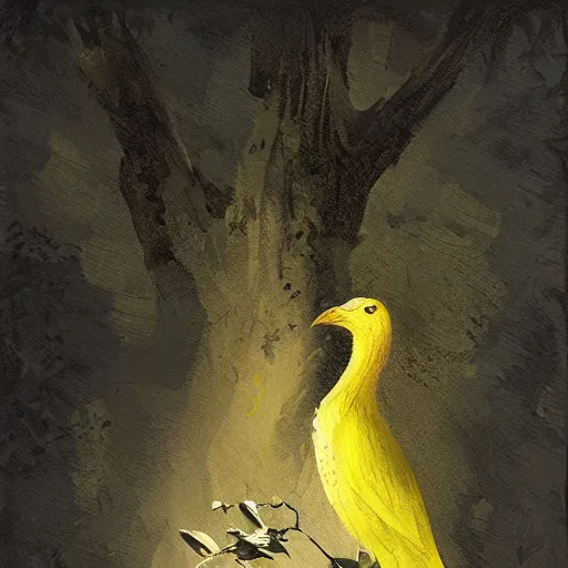 Prompt: a yellow crow on a tree with white leaves, detailed, by greg rutkowski