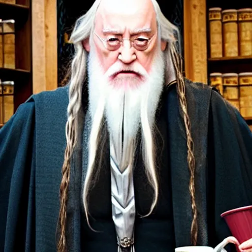 Prompt: Dumbledore sips coffee at Starbucks