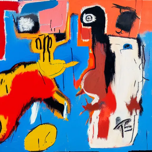 Image similar to bull and bear fighting, oil on canvas, basquiat style