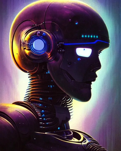 Prompt: cyberpunk robot, character portrait, portrait, close up, concept art, intricate details, soft glow, highly detailed, vintage sci - fi poster, in the style of chris foss, rodger dean, moebius, michael whelan, and gustave dore