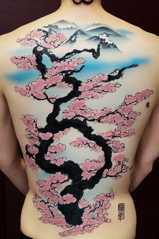 Image similar to back tattoo of cherry blossom tree floating over a tidal wave, in japanese traditional art style