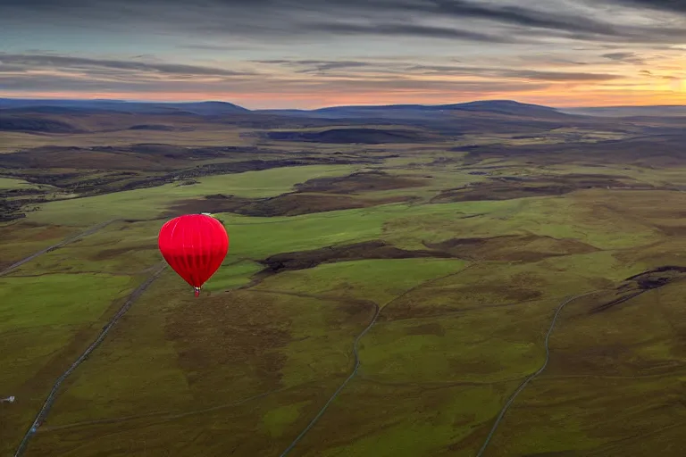 Image similar to aerial photography, scotland, hot air balloon shaped like a hamburger, dusk