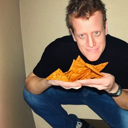 Image similar to geoff keighley eating doritos while dumpster diving