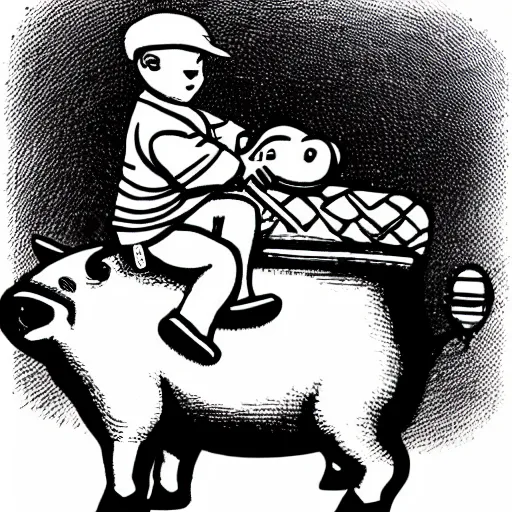 Prompt: small young boy riding large fat pig, black and white, cartoon, detailed, crosshatch