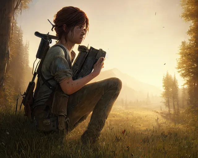 Image similar to highly detailed portrait of jessie buckley, in the last of us, stephen bliss, unreal engine, fantasy art by greg rutkowski, loish, rhads, ferdinand knab, makoto shinkai and lois van baarle, ilya kuvshinov, rossdraws, tom bagshaw, global illumination, radiant light, detailed and intricate environment