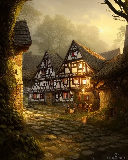 Prompt: callenberg village germany twelth century anglo - saxon village 1 1 8 0, by peter mohrbacher and dan mumford and nekro, cgsociety, volumetric light, 3 d render, intricate, detailed, high resolution