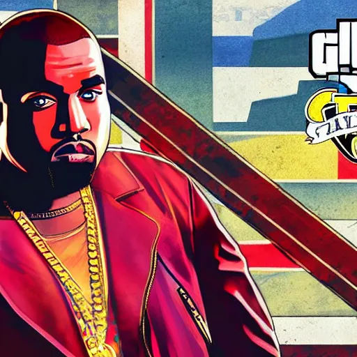 Image similar to illustration gta 5 artwork of holy saint kanye west, golden cross, in the style of gta 5 loading screen, by stephen bliss