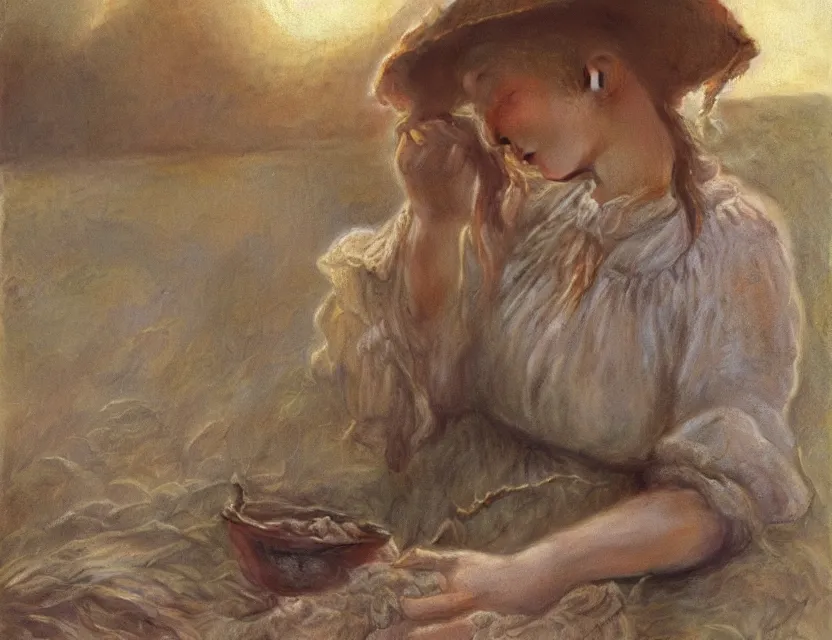 Image similar to peasant girl yarn knitting, cottage core, cinematic focus, polaroid photo bleached vintage pastel colors high - key lighting, soft lights, foggy, by steve hanks, by lisa yuskavage, by serov valentin, by tarkovsky, 8 k render, detailed, oil on canvas