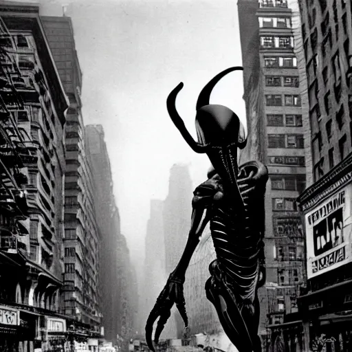 Image similar to old black and white photo, 1 9 1 3, depicting a xenomorph from the movie aliens rampaging through the bustling streets of new york city, historical record
