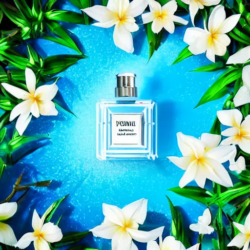 Image similar to centered bright perfume bottle standing in clear blue rippling water surrounded by a plethora of white flowers and tropical leaves and fauna upfront, with dreamy bright blue sky and clouds in the background, illumination lighting, sharp focus, surreal photography, vogue, hartper's bazaar, sephora,