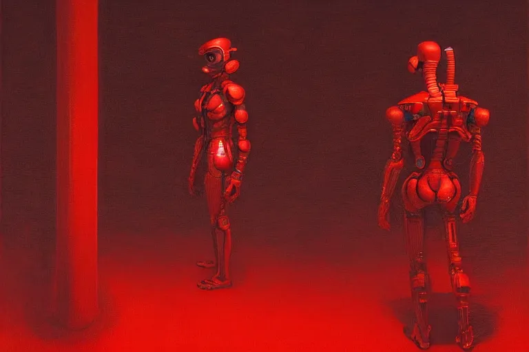 Image similar to only with red, a red cyborg samurai, tokio futuristic in background, some evil yokai, in the style of beksinski, parts by edward hopper, parts by rodcenko, parts by yue minjun, intricate and epic composition, red by caravaggio, insanely quality, highly detailed, masterpiece, red light, artstation, 4 k