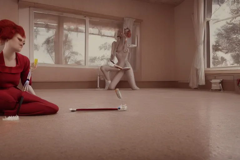 Prompt: scarlet johannsen as a gynoid polishing the floor with a toothbrush, high resolution film still, 4 k, hdr color