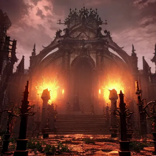 Image similar to a stunning ancient shrine in bloodborne that is radiating a malicious aura, screenshot from bloodborne, highly - detailed, professional work